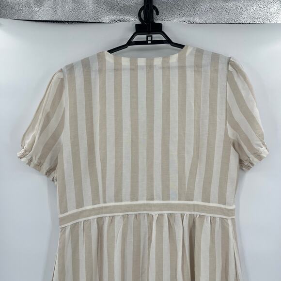 Loft Stripe Shirt Dress Sz 18  Linen Cottagecore Coastal Puff Sleeve Midi Beachy - Picture 6 of 11